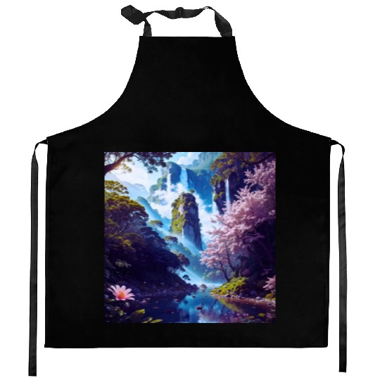 Waterfall in Forest with Pink Flowers and Ducks Kitchen Aprons