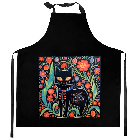 Folk Art Cat Floral Kitchen Aprons