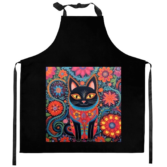 Folk Art Cat Floral Kitchen Aprons