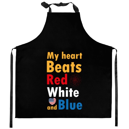 my heart beats red white and blue Kitchen Aprons