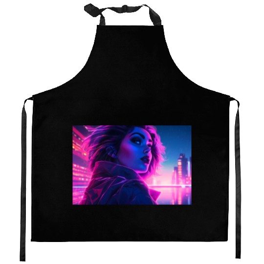 Synthwave Girl - Futuristic Design neon colors Kitchen Aprons