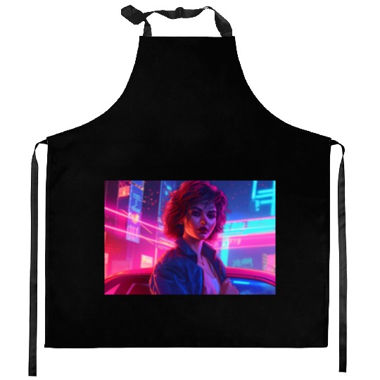 Synthwave Girl - Anime Portrait in Neon Colors Kitchen Aprons