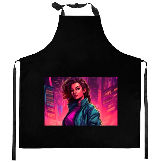 Girl in front of a Neon Pink Cityscape Kitchen Aprons