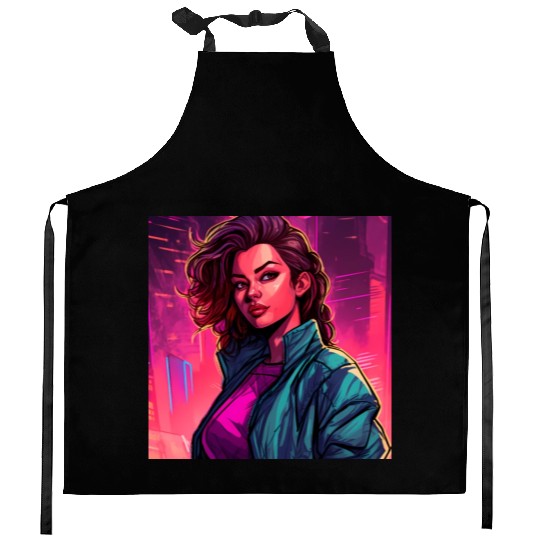 Synthwave City Bloom - Neon Pink Cityscape Kitchen Aprons