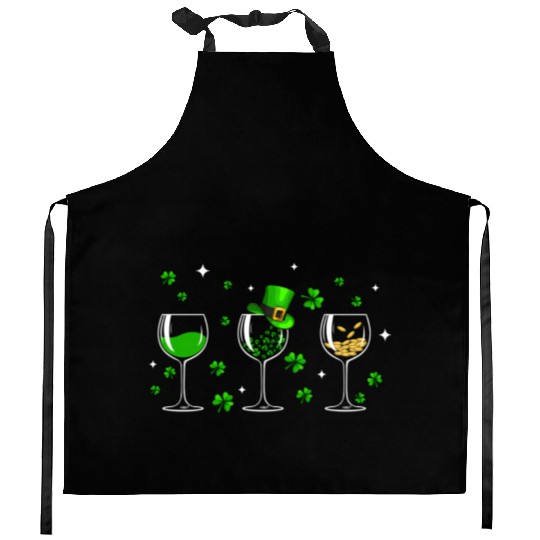 Three Wine Glasses Clover Shamrock St Patrick Day Kitchen Aprons