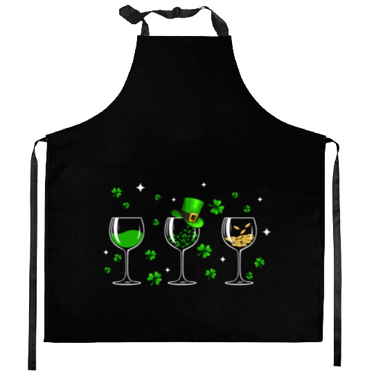 Three Wine Glasses Clover Shamrock St Patrick Day Kitchen Aprons