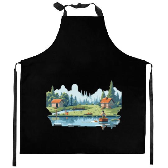 Fisherman Nature 8-bit style Kitchen Aprons