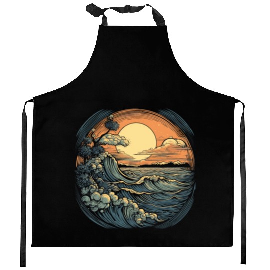 serene ocean sunset with large waves (4) Kitchen Aprons
