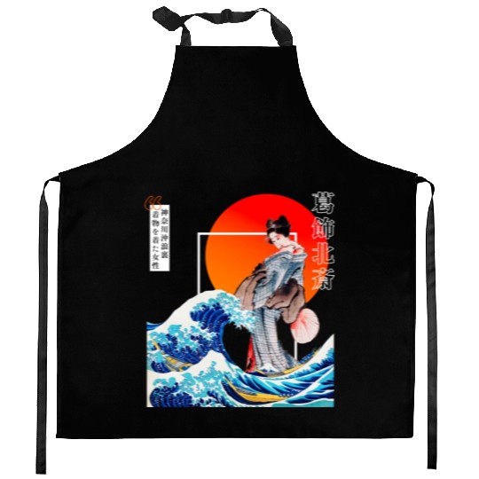 The Great Wave off Kanagawa'n woman wearing kimono Kitchen Aprons
