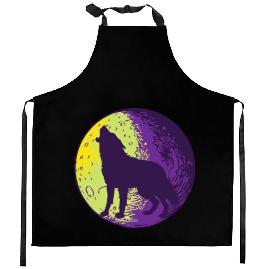 Howling wolf in the moon cool Kitchen Aprons