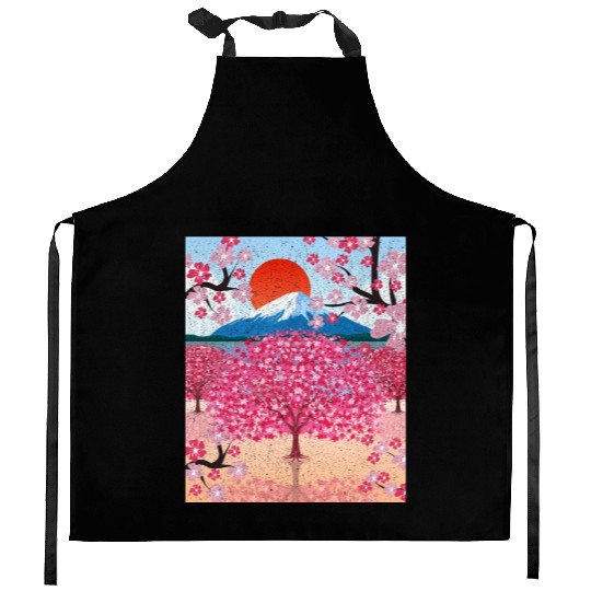 Sunset Sakura Mountains Gift Cherry Blossoms Kitchen Aprons