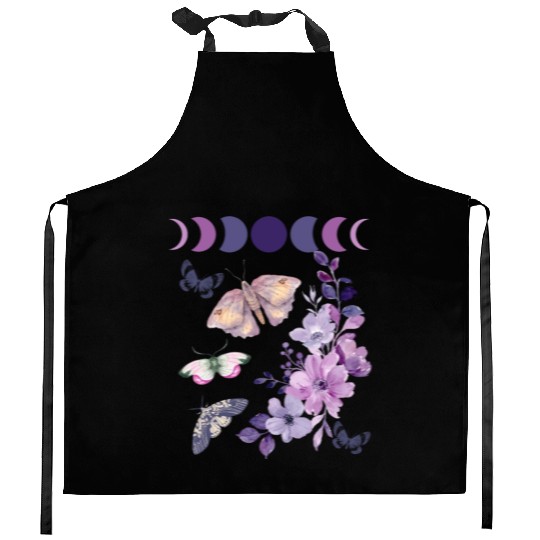 Violet Purple Moon Moth Flower Kitchen Aprons