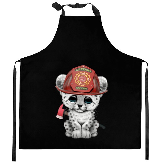 Cute Snow Leopard Cub Firefighter Kitchen Aprons