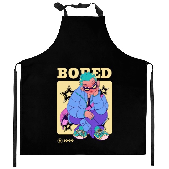 Black Cream Blue Y2K Anime Illustrated Bored Kitchen Aprons