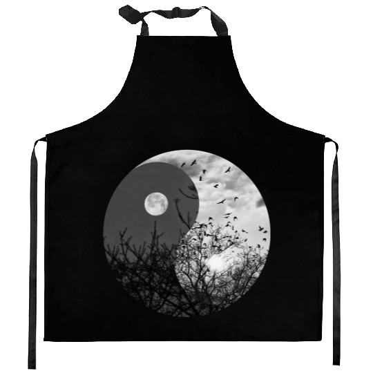 Yin and Yang of Moon and Sun in Black and White Kitchen Aprons