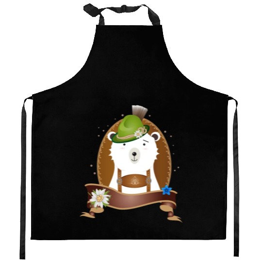 cute polar bear in costume with hat and leather pa Kitchen Aprons