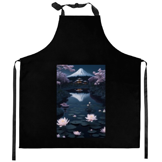 Asia Landscape by night Serene Mount Fuji Kitchen Aprons