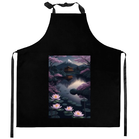 Asia Landscape by night Serene Mount Fuji Kitchen Aprons