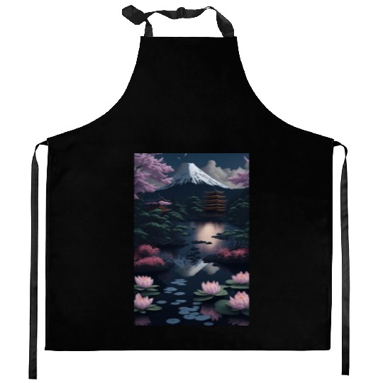Asia Landscape by night Serene Mount Fuji Kitchen Aprons