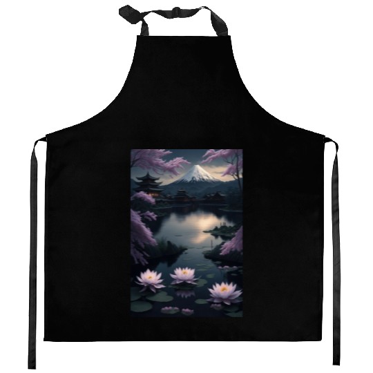 Asia Landscape by night Serene Mount Fuji Kitchen Aprons