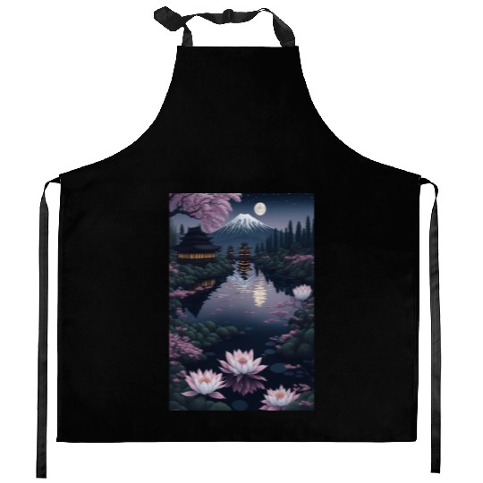 Asia Landscape by night Serene Mount Fuji Kitchen Aprons