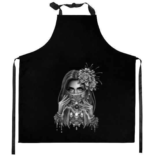 skull mask and peony flower Kitchen Aprons