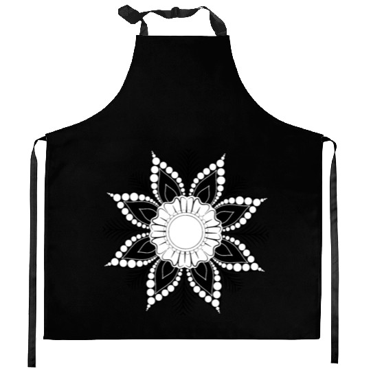 black and white mandala flower Kitchen Aprons