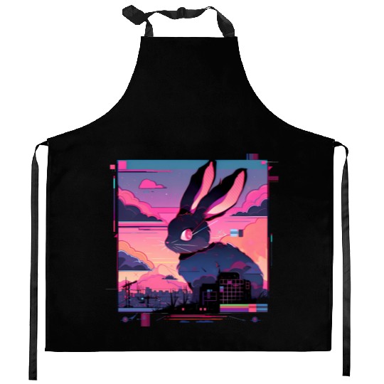 Synthwave Rabbit Cyber Bunny Retro Kitchen Aprons