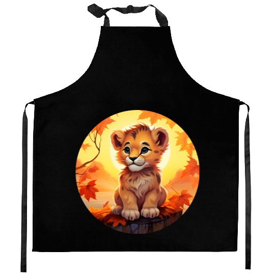 Lion Cub in Autumn Leaves - Romantic Sunset Design Kitchen Aprons