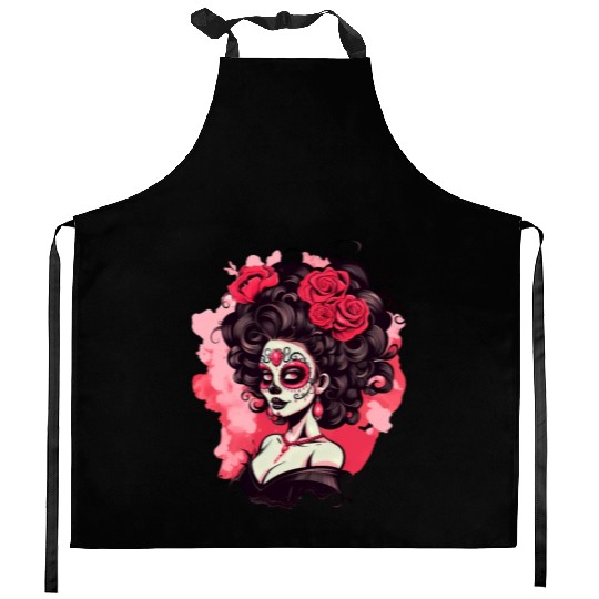 Dia de los muertos woman sugar skull with flowers Kitchen Aprons