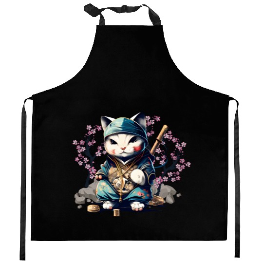 Samurai Cat Anime Kawaii Japanese Style Kitchen Aprons