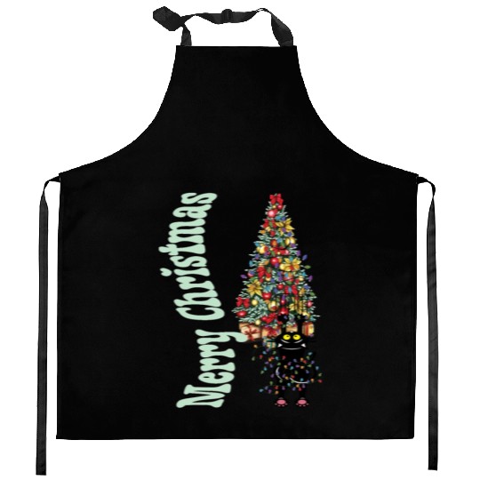 Cat Tangled In the Christmas Tree Lights Kitchen Aprons
