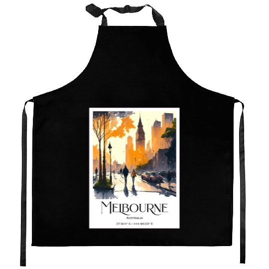 Watercolor couple Melbourne Skyline at Sunset Kitchen Aprons