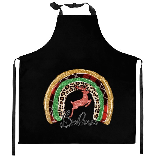 Xmas Christmas Believe Deer Buffalo Plaid Kitchen Aprons