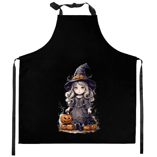 cute and creepy halloween fantasy witch Kitchen Aprons