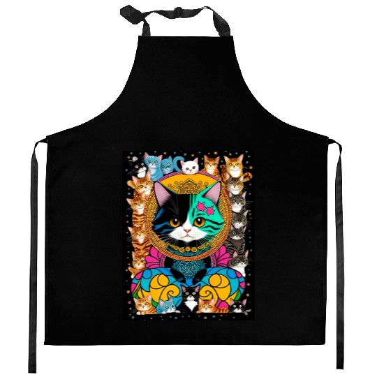 Cat God with Creepy Friends Kitchen Aprons