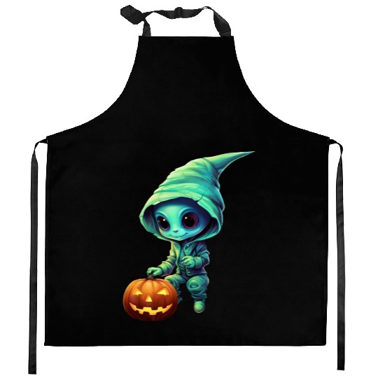 Halloween Alien with Pumpkin - Green Kitchen Aprons