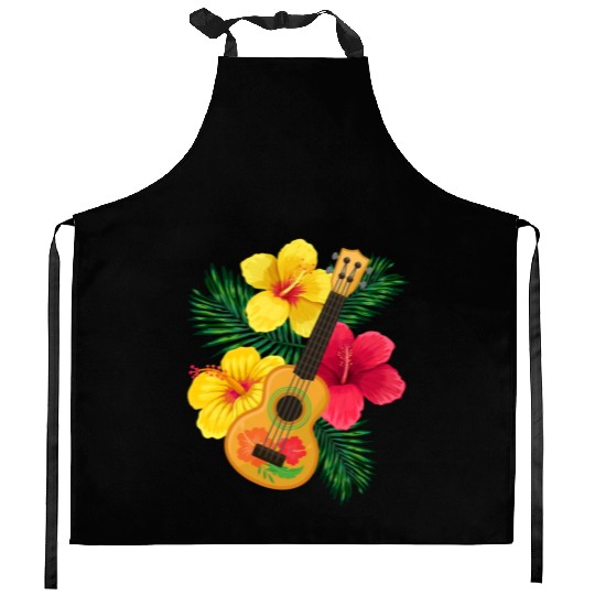 Hawaii Ukulele and Hibiscus Flowers Summer Kitchen Aprons