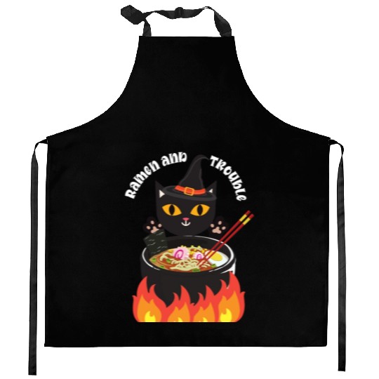 Halloween Black Cat, Ramen and Trouble Kitchen Aprons