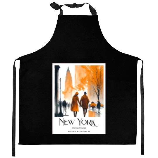 Watercolor painting loving couple in New York City Kitchen Aprons