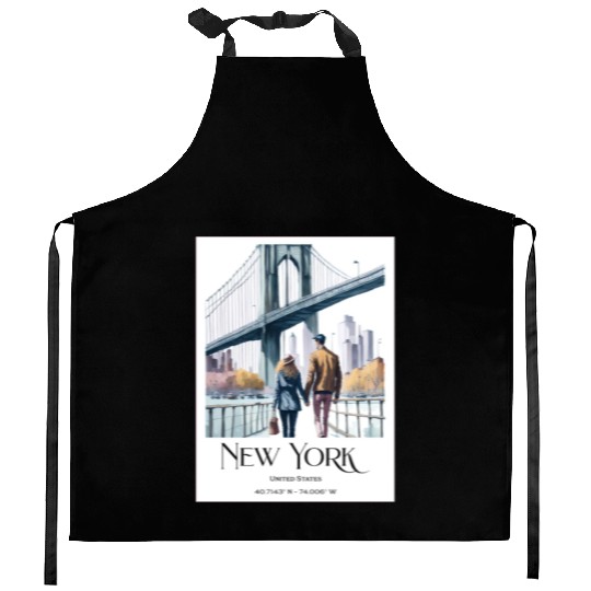 Watercolor painting loving couple in New York City Kitchen Aprons