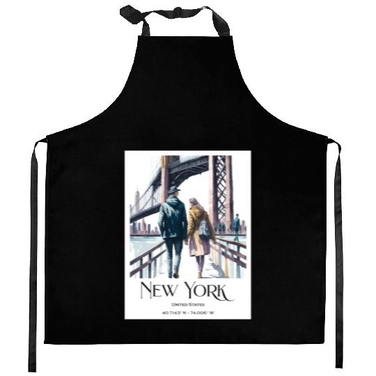 Watercolor painting loving couple in New York City Kitchen Aprons