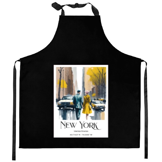 Watercolor painting loving couple in New York City Kitchen Aprons