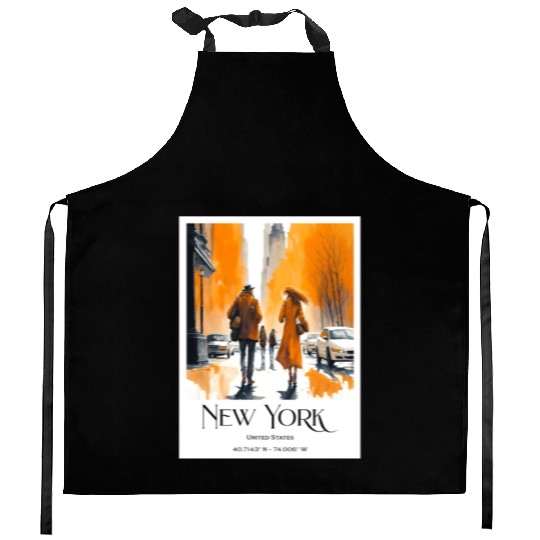 Watercolor painting loving couple in New York City Kitchen Aprons