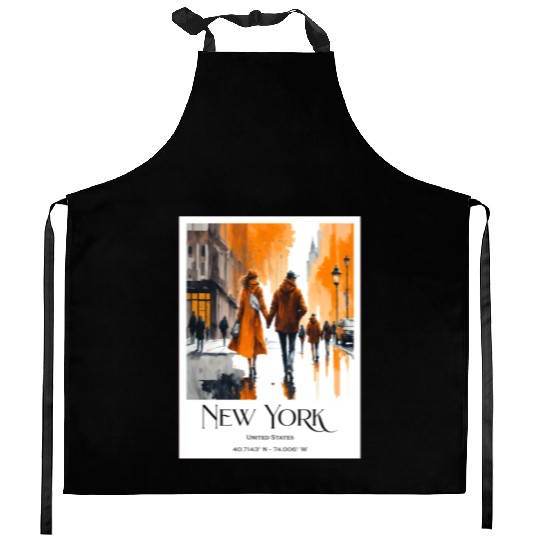 Watercolor painting loving couple in New York City Kitchen Aprons