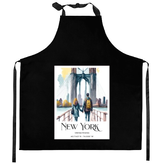 Watercolor painting loving couple in New York City Kitchen Aprons