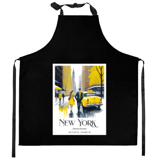 Watercolor painting loving couple in New York City Kitchen Aprons