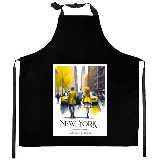 Watercolor painting loving couple in New York City Kitchen Aprons