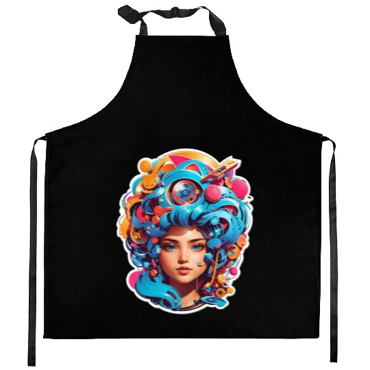 Psychedelic girl with multi color hair. futuristic Kitchen Aprons