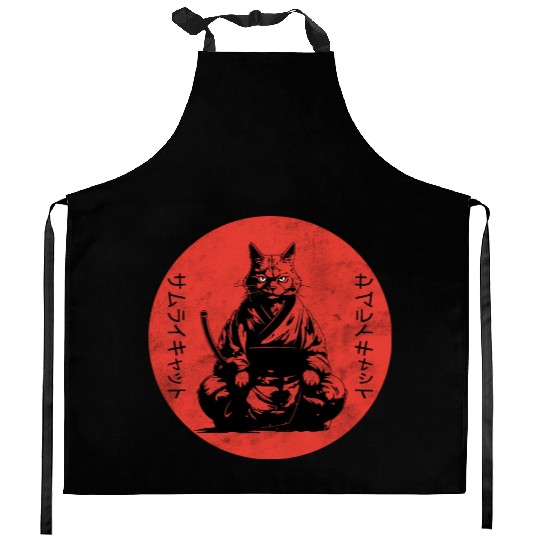 Wise Calm Vintage Retro Japanese Kitty Samurai Cat Kitchen Aprons